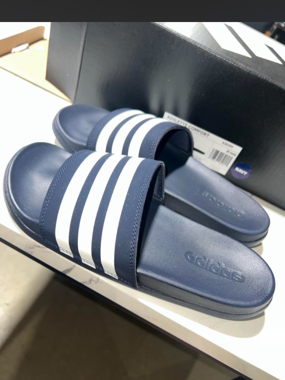 NIB Adidas Adilette Comfort Navy White Slides Unisex